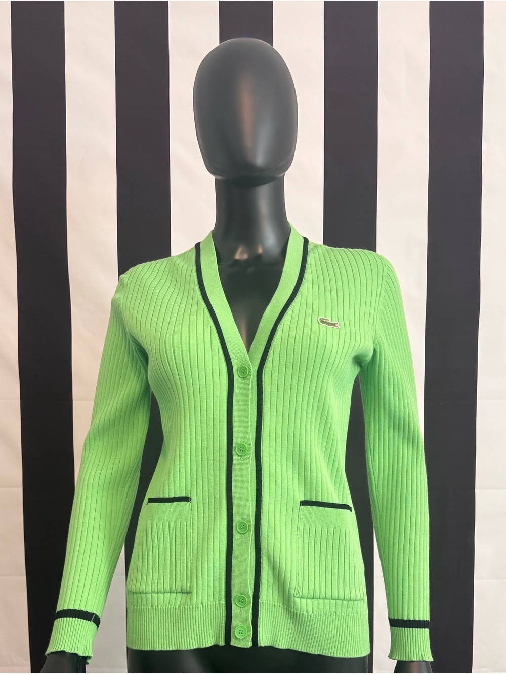 Lacoste Green Ribbed V-Neck Cardigan with Black Trim